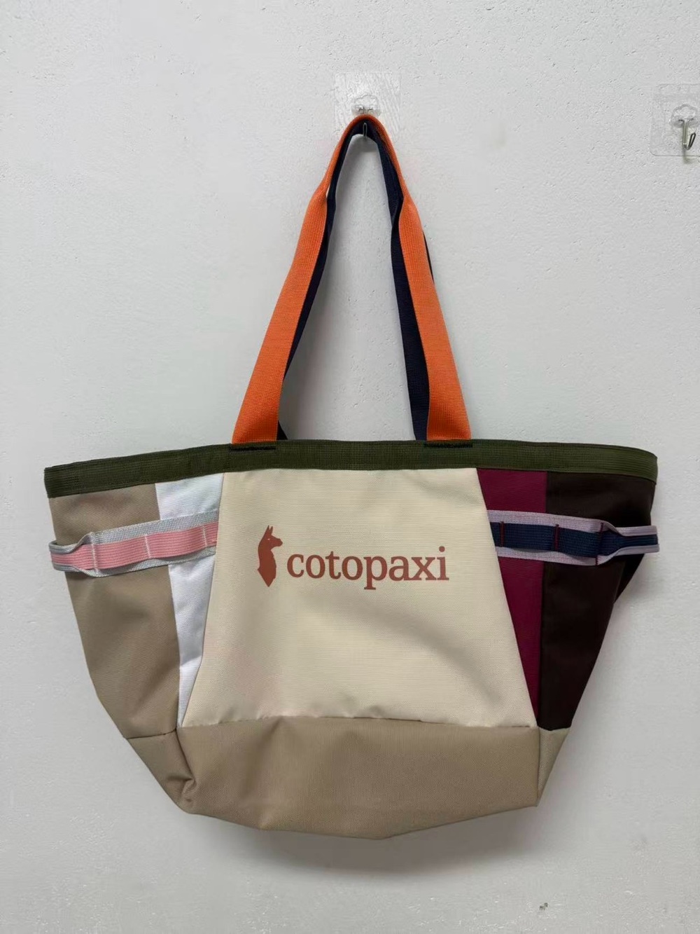cotopaxi Multicolor Patchwork Tote with Orange Straps